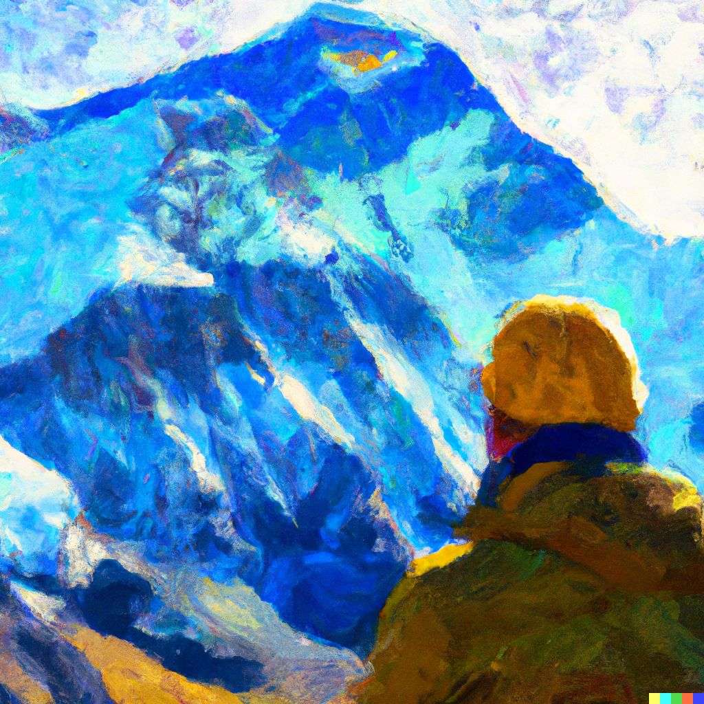 someone gazing at Mount Everest, painting, impressionism style
